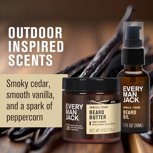 Every Man Jack Beard Oil & Scruff Softening Butter Bundle - Vanilla + Cedar Scent - Rejuvenates, Hydrates & Styles Dry Beards - Naturally Derived with Cocoa Butter and Shea Butter