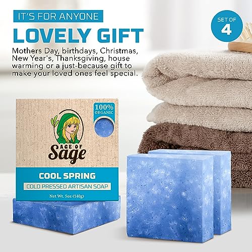 Natural Bar Soap for Men - Vegan Bath Soap Bars Gift Set - Handmade Cold Process Soap w/Essential Oil, Cool Spring Scent (4 Pack)