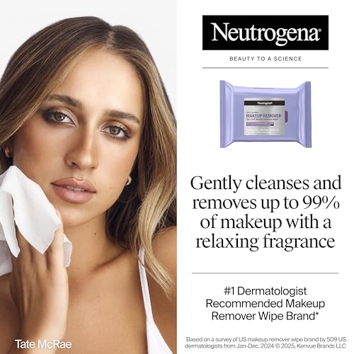 Neutrogena Makeup Remover Night Calming Cleansing Towelettes, Disposable Nighttime Face Wipes to Remove Dirt, Oil & Makeup, 25 ct