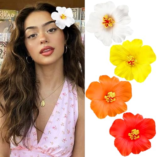Hawaiian Flower Hair Clips Set - 4 Pack Plumeria Boho
