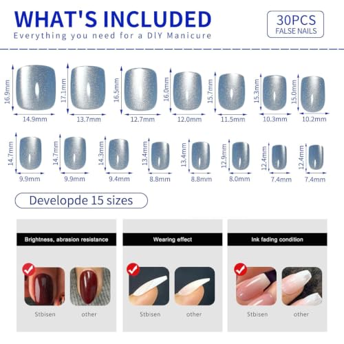 Stbisen M02-Aurora Mist Light Blue Press On Nails – Short Cat Eye Square 30pcs