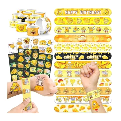 96 PCS Cheese Party Favors Set ? 72 Pre-Cut Temporary Tattoos & 24 Slap Bracelets for Kids, Perfect for Cheese-Themed Birthdays, Classroom Rewards & Party Decorations
