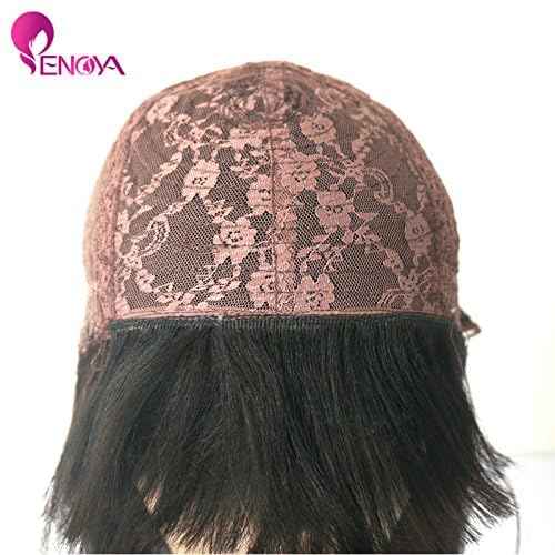 Enoya Bob Wig Human Hair Wear and Go Glueless None Lace Front Wigs with Bangs, Light Yaki Straight Full Machine Made Wig 180% Density Short Bob Wigs for Black Women (10" Color #1)