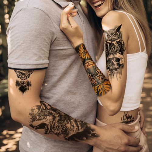 77 Sheets Temporary Tattoos, 17 Sheets Half Arm Wolf Lion Tiger Bear Leopard Eagle Fake Tattoos for Adults Shoulder Neck, 60 Sheets Tiny Animal Temporary Tattoos Realistic for Men Women Boys & Girls