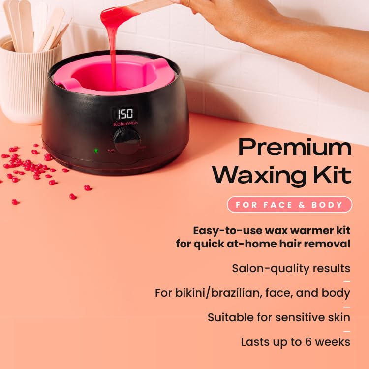KoluaWax Premium Waxing Kit for Women - Hot Melt Hard Wax Warmer for Hair Removal, Eyebrow, Bikini, Legs, Face, Brazilian Wax - Machine, 4-Pack Beads, Accessories, Black