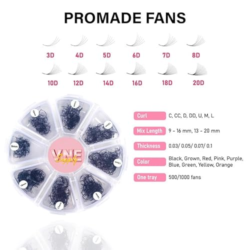 VNE Eyelashes 500 Fans Tray Volume Lash Extensions Mixed length | Premade Fans Eyelash Extensions | Mega Lash Extension | Promades Eyelash Fans | 5D, CC Curl, 9-16mm
