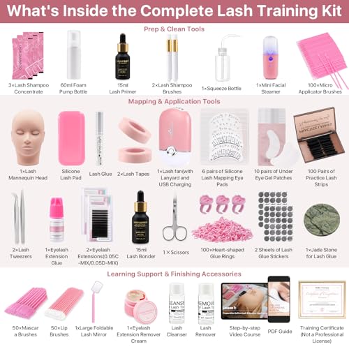 Pretty memory Eyelash Extension Kit with Training Course, PDF Guide & Certificate ? Complete 446 Pcs Lash Practice Set with Mannequin Head, Glue, Tweezers, Fan, Primer & Bonder for Beginners