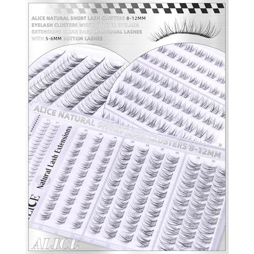 ALICE Natural Short Lash Clusters 8-12mm Eyelash Clusters Wispy Cluster Eyelash Extensions Clear Band Individual Lashes with 5-6mm Bottom Lashes