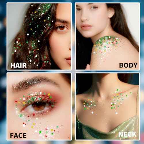 Go Ho Christmas Glitter Gel and Bracelets Kit, 6PCS Red White Green Beaded Bracelets with Face Glitter Makeup for Body & Hair, Fun Christmas Gifts for Women and Teens