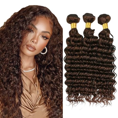 Color #4 Deep Wave Human Hair Bundles - 3 Pack, 24-28 Inch