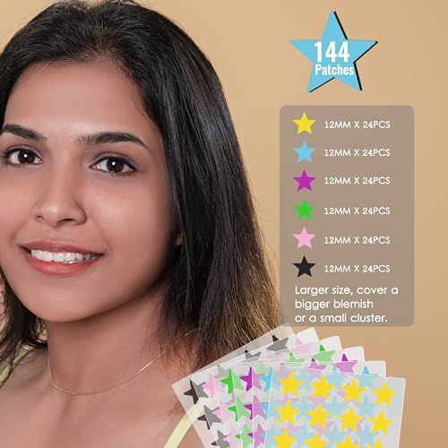 POINTMASS Star Pimple Patches: 6 Colors 144 Thickened Hydrocolloid Acne Patches Cute for Face and Skin Covering of Blemishes Zits etc. Acne Patches Contain Tea Tree Oil