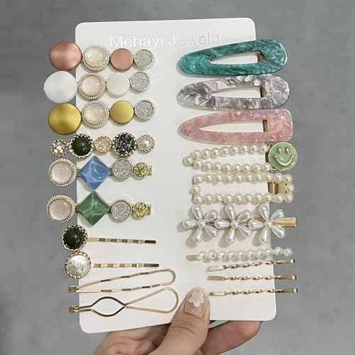 Mehayi 20 PCS Pearls and Acrylic Resin Hair Clips, Handmade Hair Barrettes, Marble Alligator bobby pins, Glitter Crystal Geometric Hairpin, Elegant Gold Hair Accessories, Gifts for Women Girls