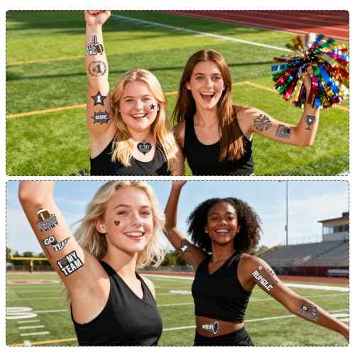 Gameza Black Team Spirit Tattoos - 144PCS Football Black Spirit Week Party Favors Supplies, Glitter Football Team Temporary Tattoo Stickers for School Cheerleading Sport Games Accessories Rewards