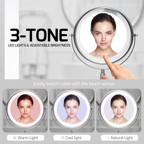 OVENTE 7'' Lighted Makeup Mirror with 1X/8X Magnification, Cordless Multi-Functional Round Vanity Mirror with 360¡Æ Swivel Design, Double Sided and Three Toned LED Lights, Nickel Brushed MFM70BR1X8X