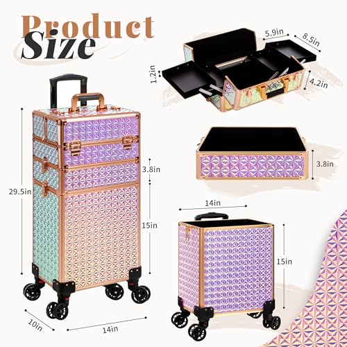 Rolling Makeup Train Case with Keys | Large Cosmetic Trolley Organizer