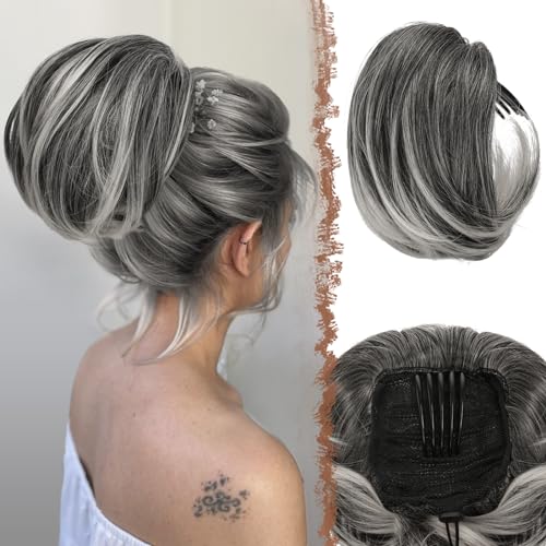 FESHFEN Hair Bun Hairpiece Fully Short Ponytail Bun Hair Chignon with Comb Clip Bun Updo Drawstring Bun Synthetic Highlight Hair Pieces Extension for Women, Gray and White Tips