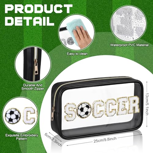 12 Pcs Soccer Clear Cosmetic Makeup Bag with Chenille Letter Patch Sport Goodie Clear PVC Pouch Organizer Waterproof Travel Toiletry Bags for Sports Theme Birthday Party Supplies