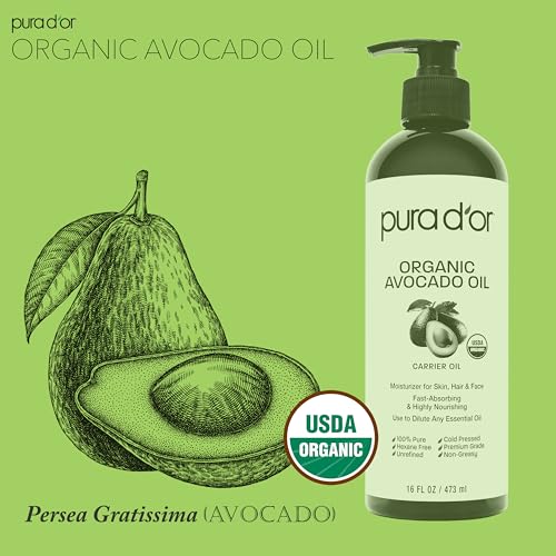 PURA D'OR 16 Oz ORGANIC Avocado Oil-100% Pure&Natural USDA Certified Cold Pressed Carrier Oil For DIY Beauty,Non-Greasy,Unscented,Hexane Free Liquid Moisturizer-Face Skin&Hair-Men-&Women,(Pack of 2)