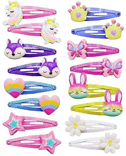 PinkSheep Unicorn Butterfly Hair Accessories - 8 Pairs/16 Pack Metal Snap Clips, Barrettes, and Sparkly Hair Pins for Girls