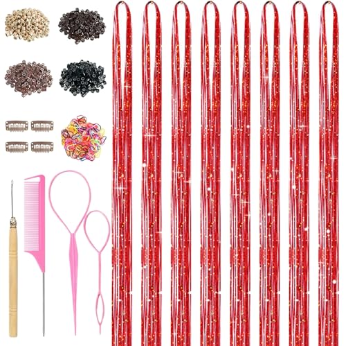 Red Hair Tinsel Kit - 3200 Strands with Tools for Party & Festival
