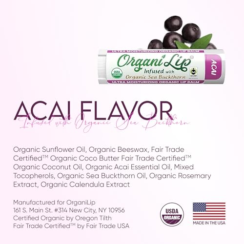 OrganiLip Organic Lip Balm, Acai Flavor, Ultra Hydrating Lip Moisturizer for Cracked or Dry Lips, Oval Shaped Tube, USDA Certified Organic, 3 Pack