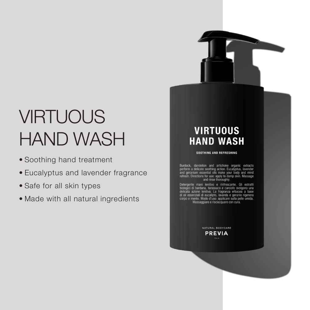PREVIA Virtuous Hand Wash Nourishing & Hydrating Soap for Dry Skin Lavender & Geranium Essential Oils Vegan Natural Ingredients Gentle Skin Care Soap for Men & Women 16.9 oz