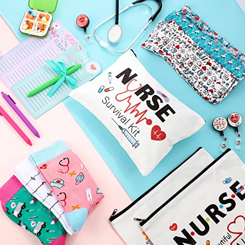 Hotop 36 Pcs Nurse Week Gifts Survival Kit Accessories for Work Badge Reel Makeup Cosmetic Bag Stockings Notepads with Pen Nursing Headbands Buttons Mask Nurses Doctors