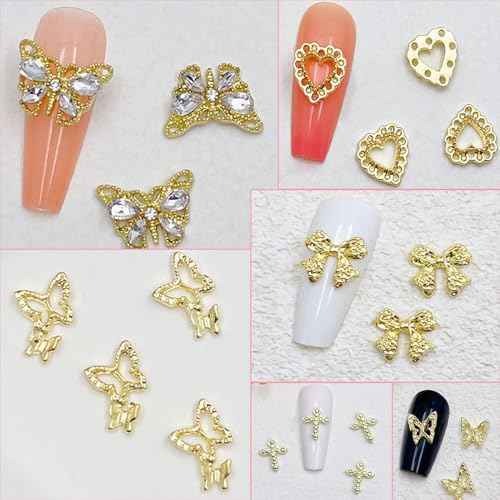 106 PCS Gold Nail Charms 3D Nail Art Charms Cherry Butterfly Cross Bow Star Heart Dollar 3D Nail Gems for Women Nail Art DIY Design