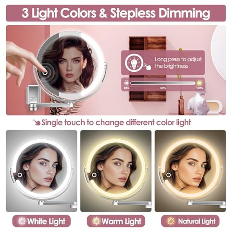 1X/20X Rechargeable Wall Mounted Lighted Makeup Mirror, 8" Magnifying Mirror with 3 Color Dimmable Lights for Bathroom, Built in 2000mAh Battery, 360¡Æ Rotation Vanity Mirror Extendable Arm