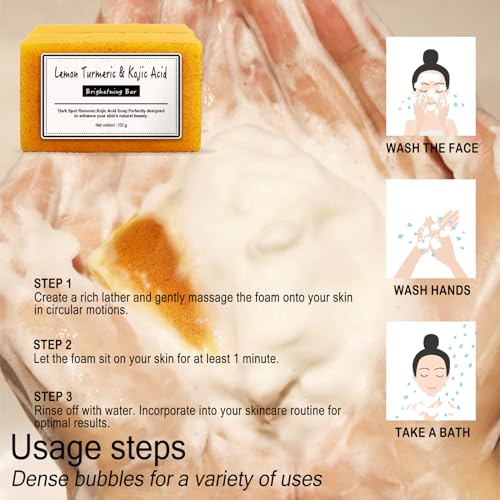 2PCS Lemon Turmeric Kojic Soap,Turmeric Soap Bar,Natural Gentle Cleanser for Face and Body,Natural Handmade So ap for Men, Women