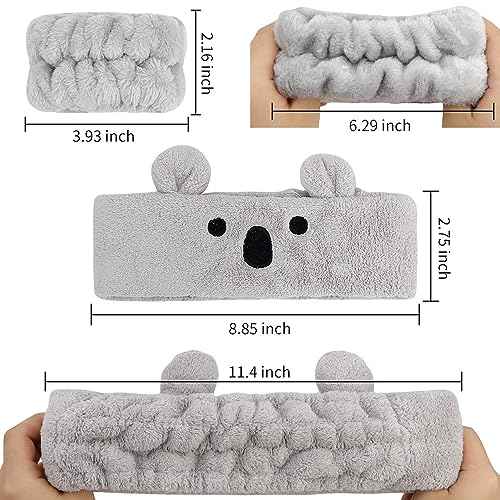 AHONEY Face Wash Headband and Wristband Set, Cute Makeup Spa Skincare Headbands Wrist Bands for Washing Face Headband for Women Girls Elastic Animal Hair Band (White&Grey)