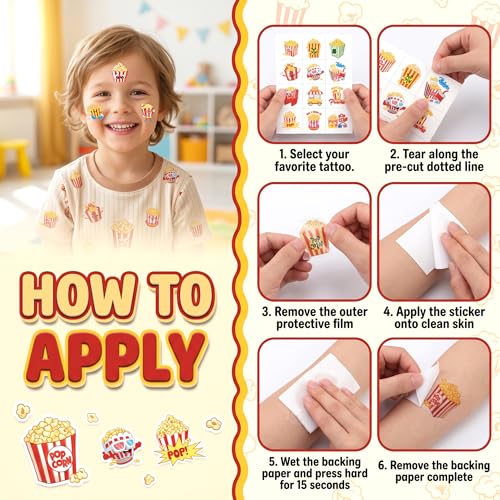 96 Popcorn Temporary Tattoos for Kids | Movie Party Favors