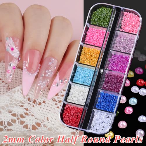 18000pcs Nail Rhinestones and Pearls for Nail Art, 2mm Resin AB Transparent Jelly Rhinestones Crystal Nail Gems Multicolor Flatback Pearls with Tweezers & Pickup Tools for Women Nails Design Craft DIY
