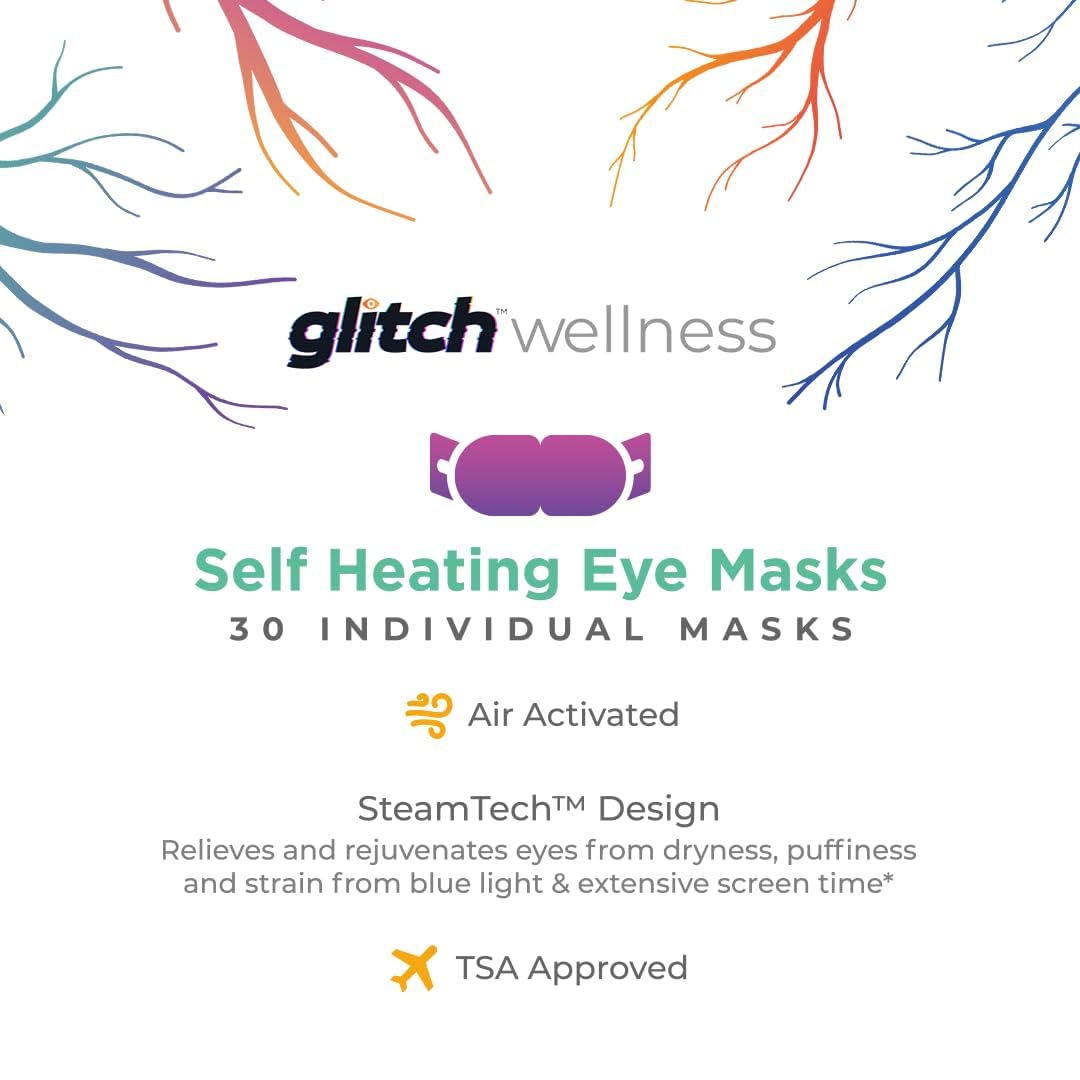 Glitch Wellness Steamtech Self Heated Eye Masks for Dry Eyes - 30 Eye Warm Compress for Fatigue and Dryness - Steam Eye Mask for Dry Eyes, Dry Eye Relief Product, 30 Disposable Eye Mask Heated.