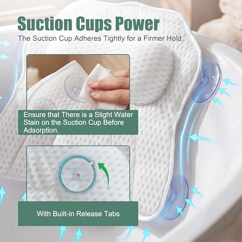 Bath Pillow with 6 Suction Cups - Ergonomic Neck Support