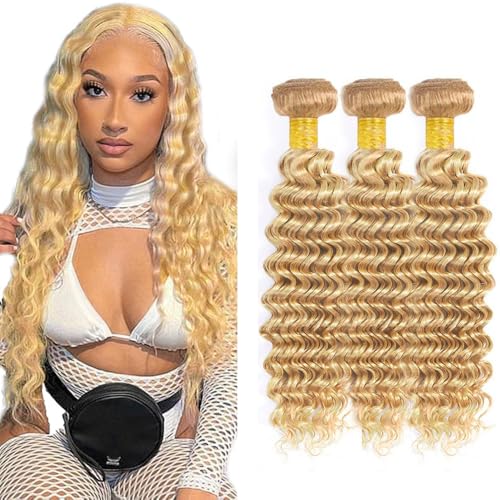 Deep Wave Human Hair Bundles 26 28 30 Inch 27/613 Blonde