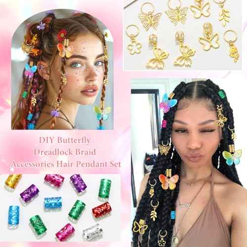 NAISKA 30Pcs Colorful Butterfly Charm for Braid Clips Gold Hair Jewelry Loc Dreadlock Accessories Flower Braid Charms Hair Cuffs Coils Rings Loc Jewelry Gifts for Women and Teen Girls