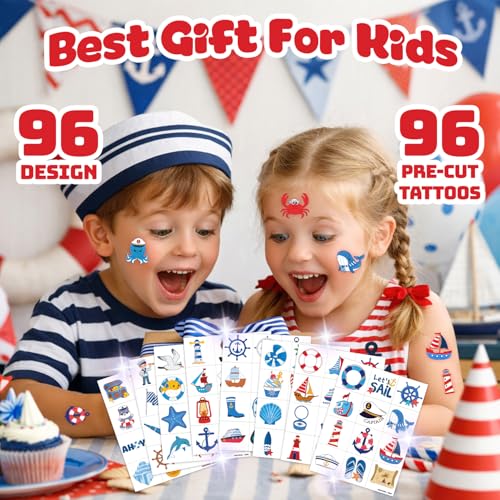 96 PCS Nautical Temporary Tattoos for Kids | Ocean Boat Party Favors