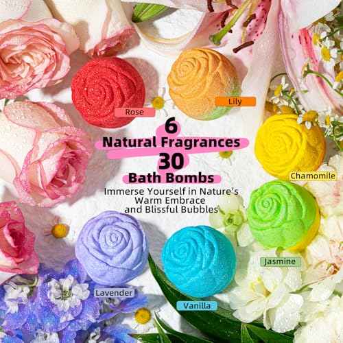 30 Rose-Shaped Bath Bombs ? Handmade with Natural Ingredients, 6 Calming Scents, Relaxing Spa Gifts for Women, Men, Teens & Kids ? Self Care Gifts for Summer & Birthdays