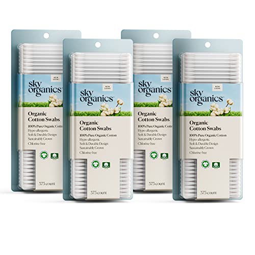 Sky Organics Organic Cotton Swabs for Sensitive Skin, 100% Pure GOTS Certified Organic for Beauty & Personal Care, 4 Pack