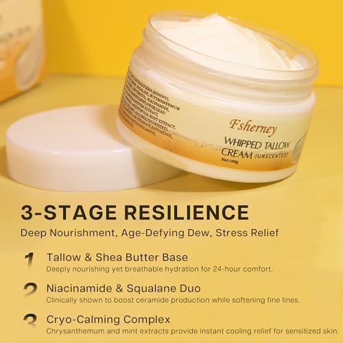 VRAIKO Fsherney Whipped Tallow Balm, Grass-Fed Beef Tallow for Skin with Shea Butter Niacinamide and Squalane, Moisturizer for Hydration, Nourishment, Fine Lines and Elasticity, 3.5oz/100g