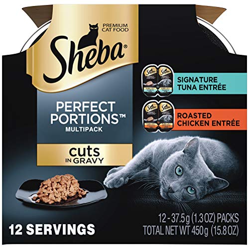 Sheba Perfect Portions Multipack Cuts in Gravy, Signature Tuna Entree, Roasted Chicken Entree (12- Individual Serving) (3-Double Trays of Each)