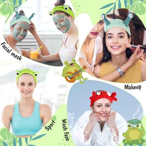 3Pcs Face Wash Headband Cute, Soft Spa Headband for Washing Face, Coral Fleece Elastic Frog Crab Snail Head Band, Cartoon Makeup Headbands for Women, Fun Face Wash Headbands for Women Skincare Shower