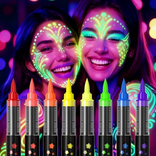 8-Color UV Neon Body Paint Pen Set - Luminous Face Tattoo Marker Kit