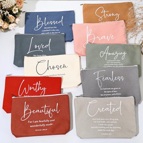 20 Pcs Inspirational Christian Easter Gifts for Womens History Month Religious Makeup Bags Canvas Bible Verse Cosmetic Bag with Zipper Church for Sister Mothers Day(Bright,Bible Words)