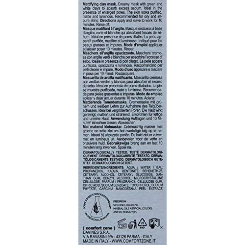 [ comfort zone ] Active Pureness Mask, Mattifying Clay Face Mask, Absorbs Excess Sebum, Minimizes Pores, Purifying Treatment, Kaolin & Green Clay, Oily Skin, Vegan, Made in Italy, 2.03 Fl Oz