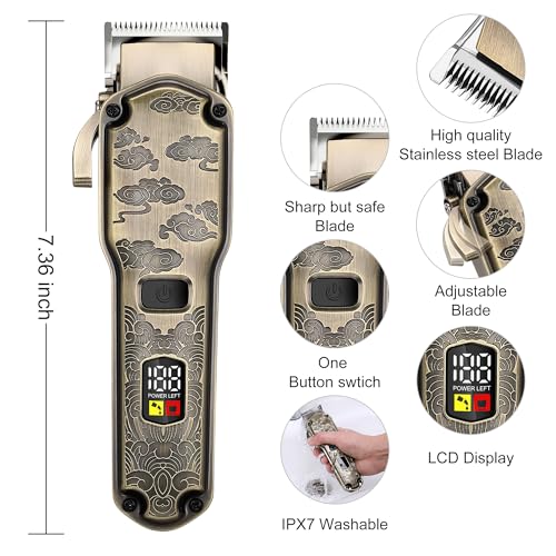 Hatteker Bronze Professional Cordless Hair Clippers & Trimmer Set with T-Blade, Waterproof Grooming Kit