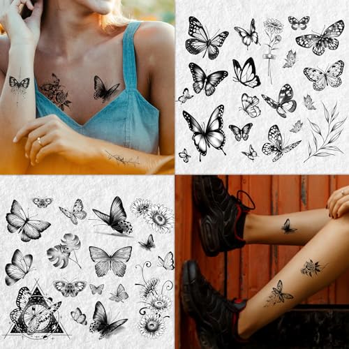Cerlaza Black Butterfly Temporary Tattoos, 20 Sheets 120 Styles