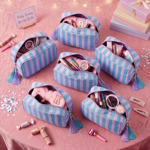 Kacctyen 6-Pack Peony Pink & Slate Blue Striped Makeup Bags with Tassels