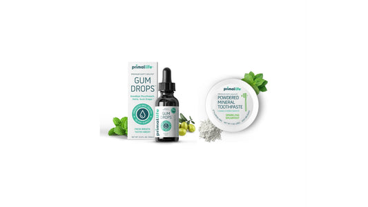 Primal Life Organics Oral Care Bundle - Serum Boost Gum, 0.5 fl.oz., Powdered Toothpaste Spearmint, 1 oz - Fresh Breath & Fluoride Free